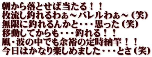 朝から落とせば当たる！！ 枚流し釣れるわぁ～バレルわぁ～（笑） 無限に釣れるんかと・・・思った（笑） 移動してからも・・・釣れる！！ 風・波の中でも余裕の定時納竿！！ 今日はかなり楽しめました・・・とさ（笑）