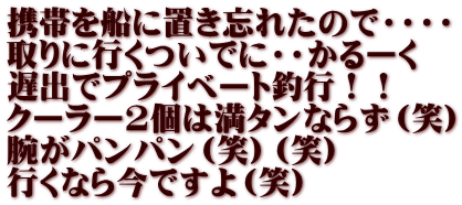 携帯を船に置き忘れたので・・・・ 取りに行くついでに・・かるーく 遅出でプライベート釣行！！ クーラー2個は満タンならず（笑） 腕がパンパン（笑）（笑） 行くなら今ですよ（笑）